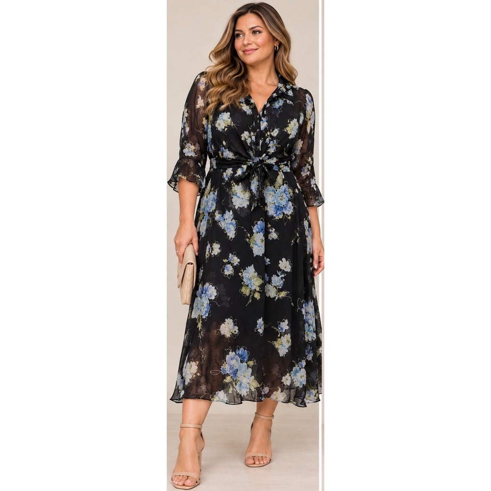 Mlle Gabrielle Womens Plus Size 20 Floral Midi Dress & Ruffle Jacket 2 Piece Set